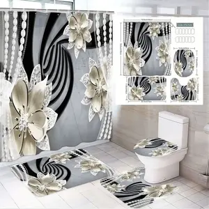 1/4pcs Black White Gold Bathroom Set, Bathroom Decoration Accessories - Shower Curtain Sets, 2 Bath Mats & Toilet Seat Cover with Glossy Gold Flowers, Marble Background & Beaded Trim - Perfect for Christmas Home Decor & Gifting, Bathroom Accessory