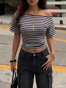 2026 Summer Y2K Aesthetic Striped Off Shoulder Crop Top for Women, Casual Slim Fit Short Sleeve T Shirt, Streetwear Fashion Asymmetrical Neckline Tees, Comfy Bodycon Basic Going Out Tops, 90s Vintage Harajuku Korean Style Daily Wear Party Club OOTD Blouse