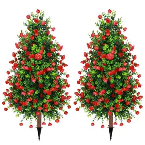 Mother's Day Gifts 27.5" Artificial Rose Tree, Fake Rose Shrub Bushes Trees with Spike Faux Topiary Plants Tree for Indoor, Garden, Yard, Porch, Patio Decor(Set of 2)