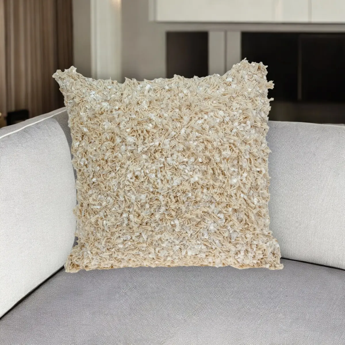 18-in. Beige Shag Throw Pillow with 360 Stand, Soft Padded Cushion for Home Decor