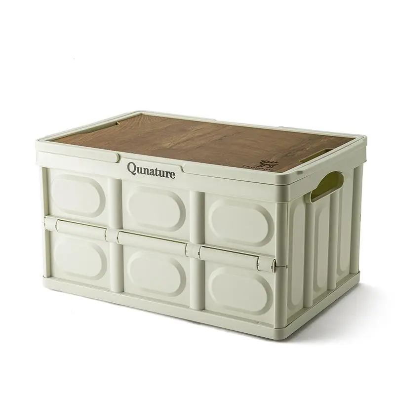 Camping Storage Box Portable Double-side Door Folding Picnic Storage with Imitation Wooden Lid Foldable and Stackable Storage Box Organizer for Outdoor Camping Home and Office