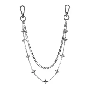 Men's 2mm CROSS & 4mm CUBAN DOUBLE-CHAIN PANT CHAIN- Stylish Accessory for Jeans, Unisex Design, 22 Inches Length, Silver Plated Alloy, Double Sided Cross Link