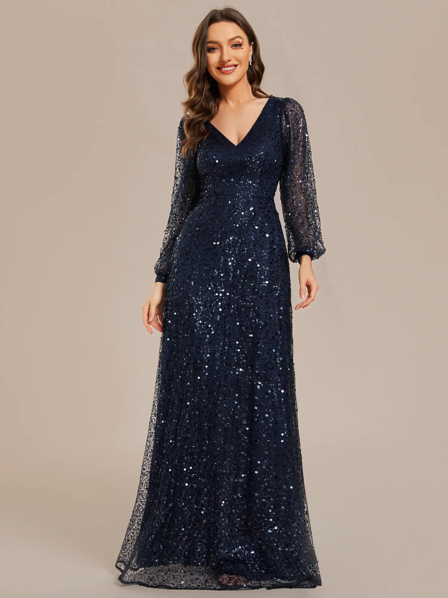 Ever-Pretty Women's Chic Polyester Sparkly Long Lantern Sleeve V-Neck All-Over Sequin A-Line Evening Dress with Zip, Formal Wear, Style 01999