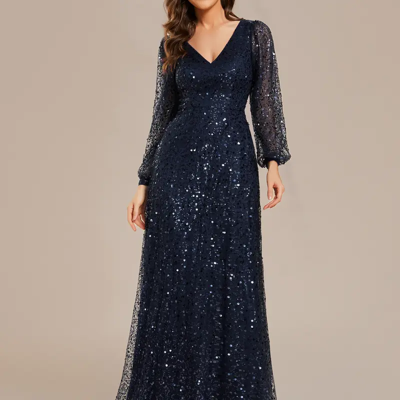 Ever-Pretty Glamorous Women's Polyester Sequin Formal Dress - Long Lantern Sleeves, V-Neck, A-Line, Zip Closure, Modest Elegant, Style 01999, Black Tie Wedding Guest Wear, Formal Dresses For Women