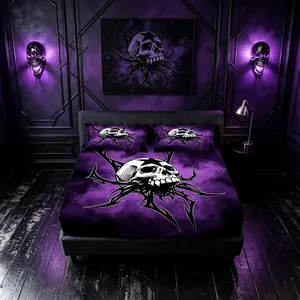 3‑Piece Purple Smoke Star Skull Gothic Fitted Sheet Set, Single‑Sided Digital Print Dark Punk Bedding, No Insert Included, Suitable for Bedroom & Halloween Decor for Gothic & Punk Enthusiasts, Decorative Bedsheet Sets