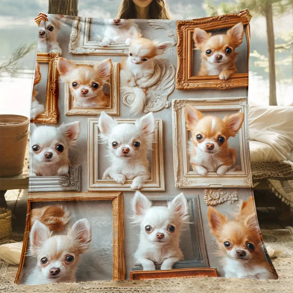 1pc Chihuahua Prints Soft Flannel Blanket - 130cm x 150cm Multi-Size Option, Durable Lightweight All-Seasons Polyester Throw, Anti-Pilling Machine-Washable Digital-Printed for Sofa, Travel & Cinema, Pet Lover Gift