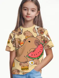 Girls' Cute Capybara Short Sleeve T-Shirt, Soft Adorable Style, Light Cartoon Print, Casual Daily Wear for School and Leisure