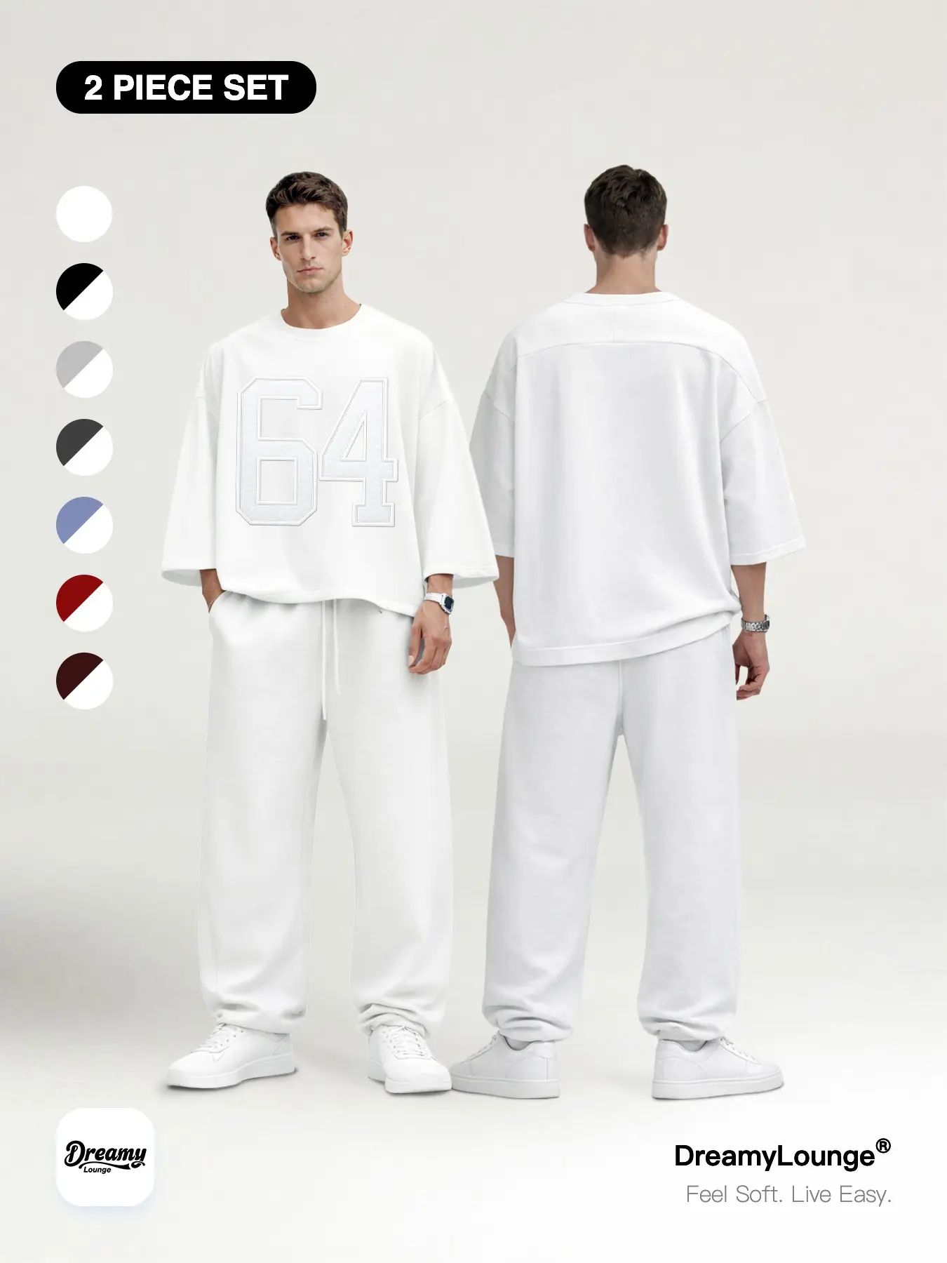 Bad Rabbit Number 64 Print 「2-Piece Set」 Mid-Sleeve T-Shirt + Sporty Wide-Leg Pants, Casual Warm Breathable for Home & Outdoor Knit Clothing Sets
