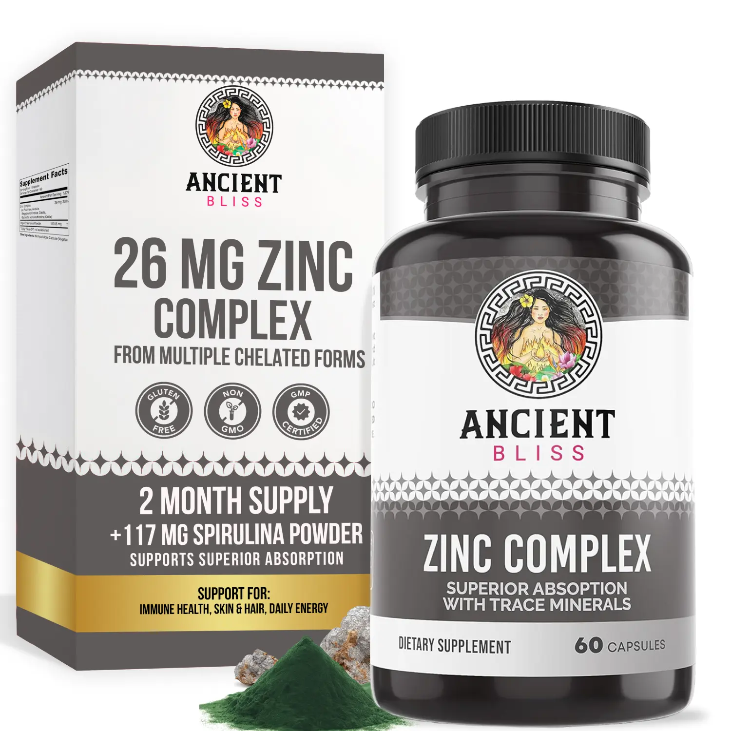Ancient Bliss Zinc Complex Vitamin Capsules, 60-Count Bottle for 1-Month Use - 151.9mg Gluten-Free, GMO-Free Antioxidant Supplement with Trace Minerals for Superior Absorption, Immune Support & Body Health (For Men & Women)