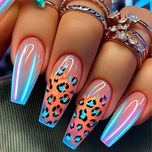 Leopard Print Fake Nails, 24pcs/box Long Ballerina False Nails for Women & Girls DIY Nail Art, Effortless Press on Nails Manicure Set, French Nail Art, Glitter Decorative Nails, Nail Accessories