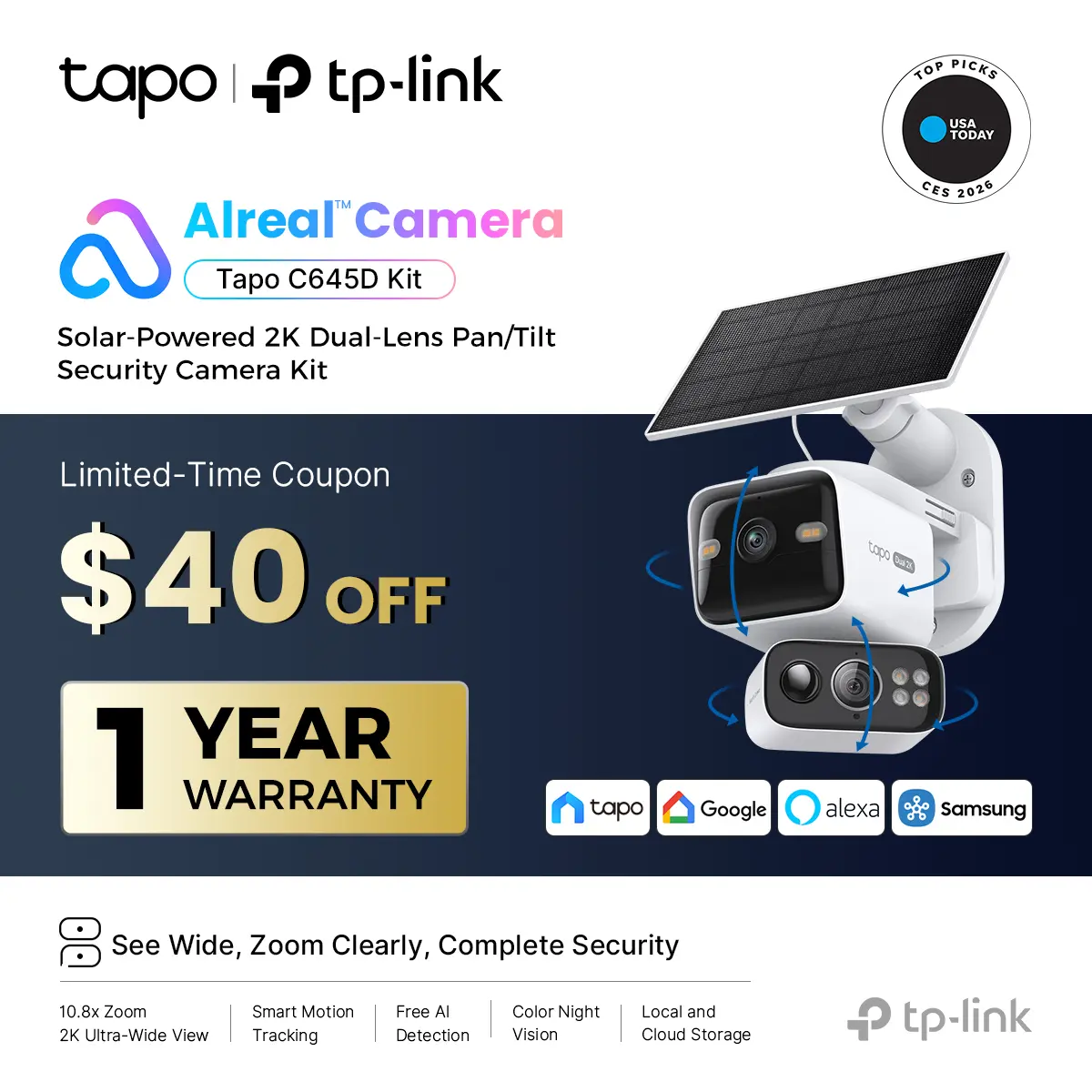 TP-Link & Tapo  C645D KIT Dual Lens Pan/Tilt Security Battery Camera Wireless w/Solar Panel, 2K 3MP 165° Wide-Angle + 6mm Telephoto, Free Person/Vehicle Detection, 360° Pan, SD/Cloud Storage, Works w/Alexa & Google  #SummerWins #DealsForYouDays