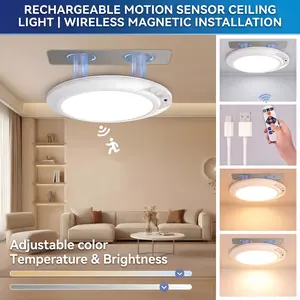 Rechargeable motion sensor ceiling light with remote — battery-operated wireless LED overhead light, dimmable with three color temperatures, no wiring, renter-friendly indoor lighting for closet, shower, pantry, and hallway