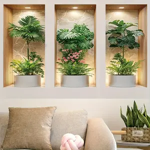 3pcs Tropical Plant Wall Stickers, Realistic Monstera & Greenery, Self-Adhesive Removable Decor, Modern Art for Living Room, Bedroom, Office, Bathroom