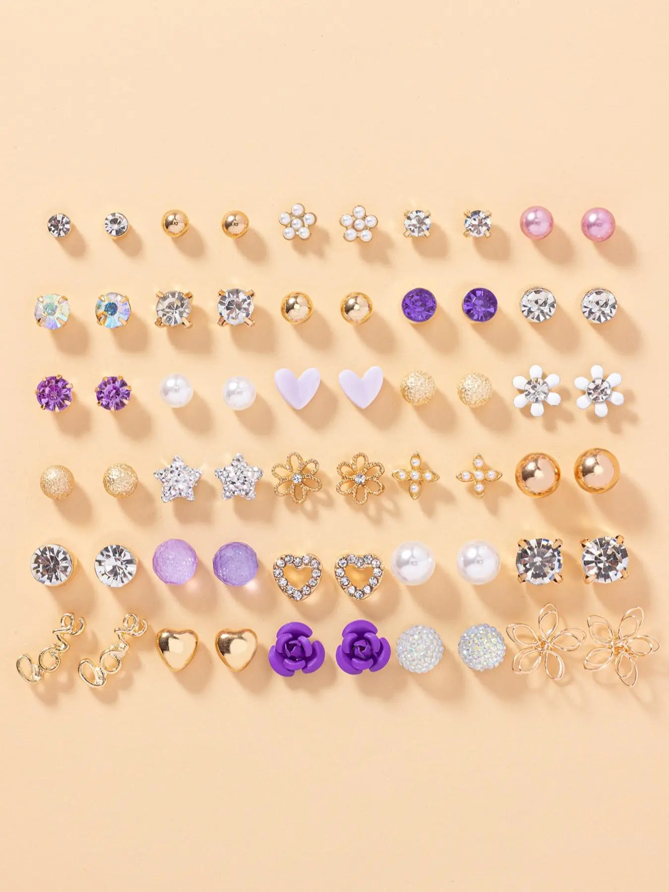 30 Pairs Stud Earring Pack Fashion Elegant Rhinestone & Faux Pearl Decorated Stud Earrings, Heart & Flower & Star Shaped Stud Earrings, Casual Jewelry for Women Girls, Earring Set