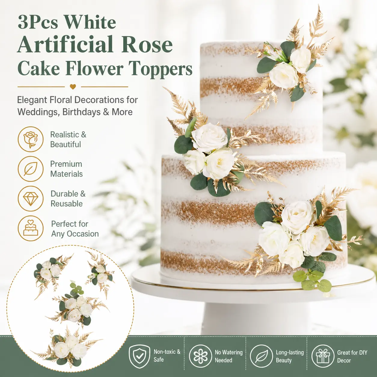 3Pcs White Artificial Rose Cake Flower Toppers, Gold Leaf Eucalyptus Greenery Floral Cake Decorations, Rustic Wedding Birthday Bridal Shower Anniversary Party Cake Arrangement Decor