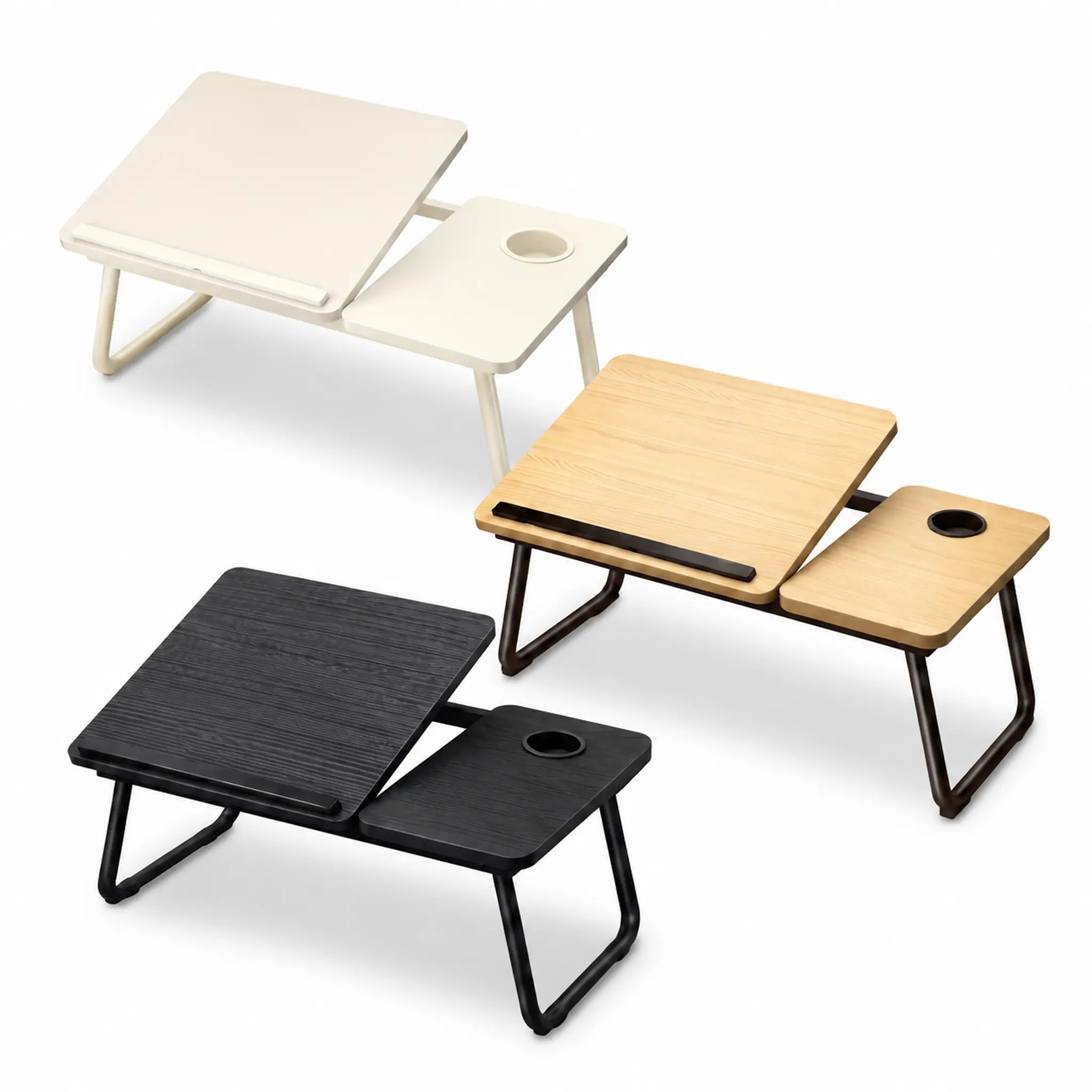 Black Wood-Aluminum Foldable Compact Computer Desk Tray - Office Furniture, Bed Desk, Portable Laptop Stands & Trays, Tiltable Tabletop, Adjustable Dual Surface, Built-in Cup Holder, Easy Setup, Small Fit (Dorm, Home Office Use)
