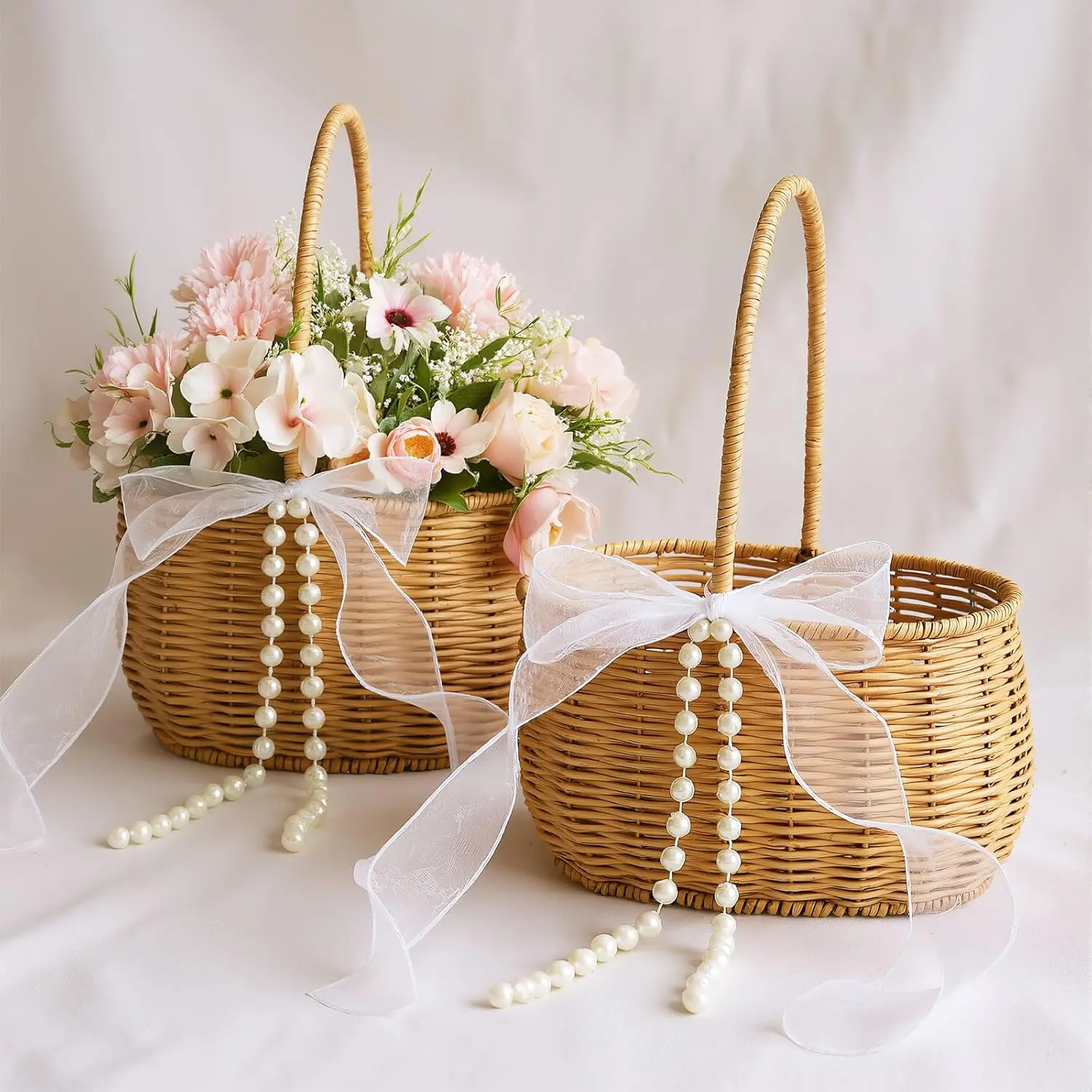 2 Pcs Wicker Rattan Flower Girl Baskets - 11.8x8.7x5.1 Inches, with Bows & Pearls, Rustic Wedding Ceremony Basket, Hand-Woven Willow Storage for Home Decoration