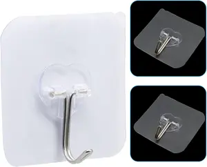 20 Pcs Clear Self Adhesive Wall Hooks, 44 lb Transparent Heavy Duty Waterproof Sticky Hooks for Home Office Bathroom Kitchen Shower