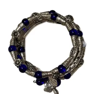 Midnight Radiance Memory Wire Bracelet with Blue Beads and Intricate Silver Design fashionable match boy girl