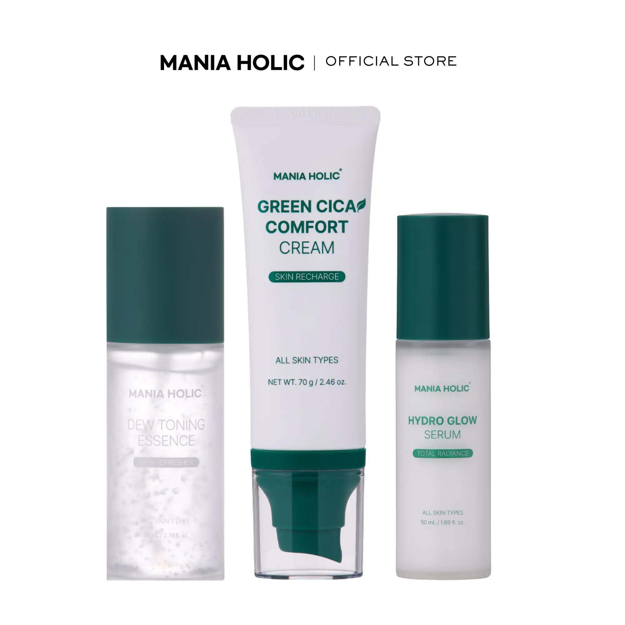 MANIA HOLIC Dew Toning Essence, Hydro Glow Serum, and Green CICA Comfort Cream Bundle, Daily Moisturizing Korean Facial Set