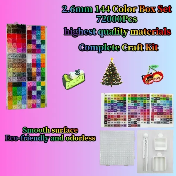2.6mm 144 Color  Fuse Beads Box Set,72000Pcs,perler beads Stainless Steel Precision Tweezers Set,3D Pixel Puzzle Beads,Perfect for Kids & Adults Craft,Multiple Available,Infinitely Creative Maierial,DIY Bead Set,Spelled Beads Keychain pendant