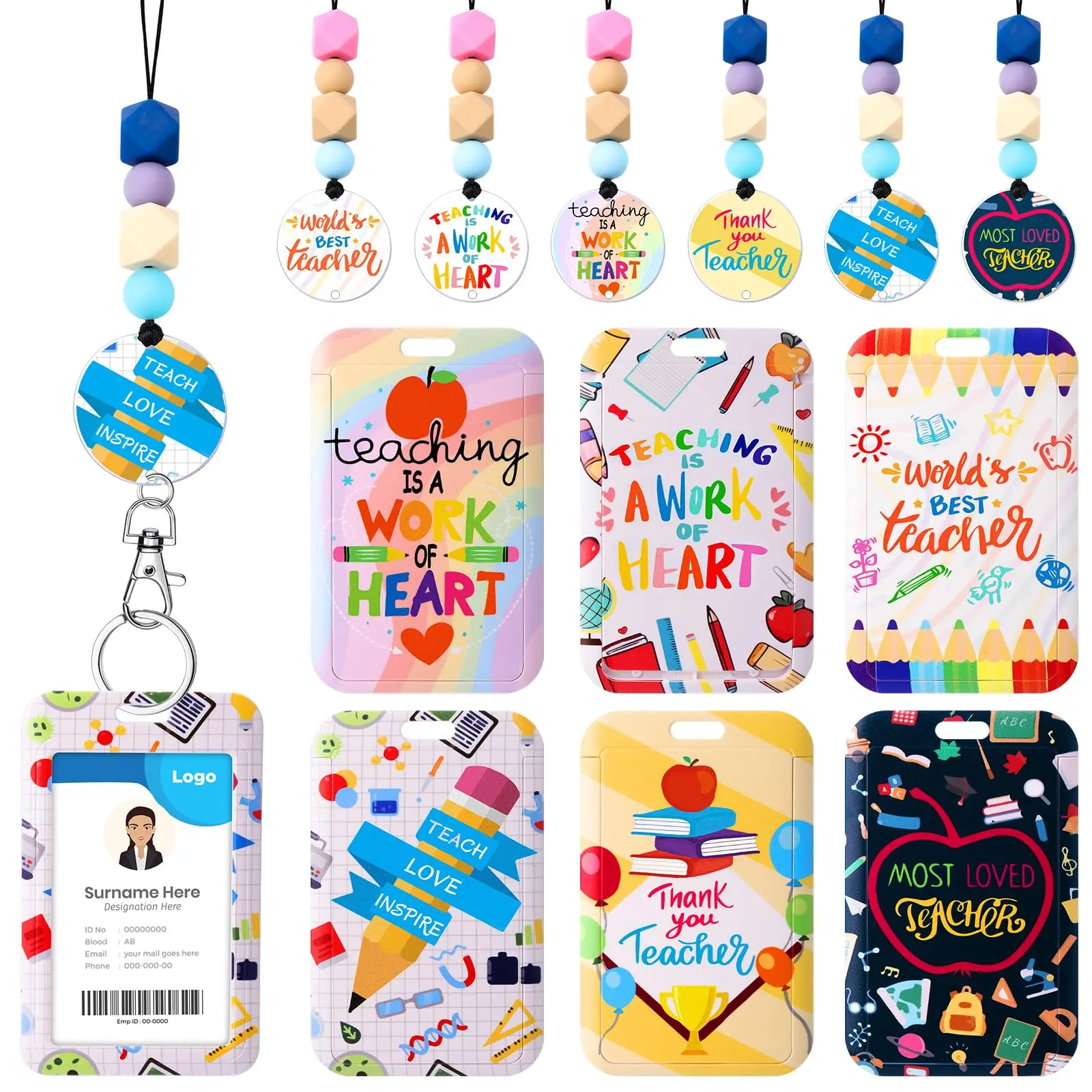 6 Pack Teacher ID Badge Holder with Breakaway Lanyard, Teacher Appreciation Gifts Back to School Teacher Gifts Retractable Teacher Name Lanyard with Id Card Holder Clip Keys Pencil Apple Book Thank You Gifts  for Women Man Office Supplies Staff