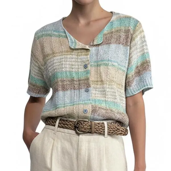Chouyatou Women's V-Neck Color Block Striped Knit Cardigan Short Sleeve Button Up