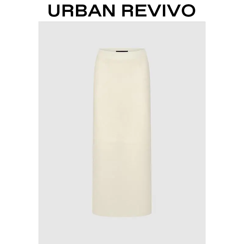 URBAN REVIVO Women's High-Waisted Ribbed Knit Skirt, Elegant Fitted Midi with a Side Slit for Casual Wear, Knitting, Chic, Do Not Dry Clean