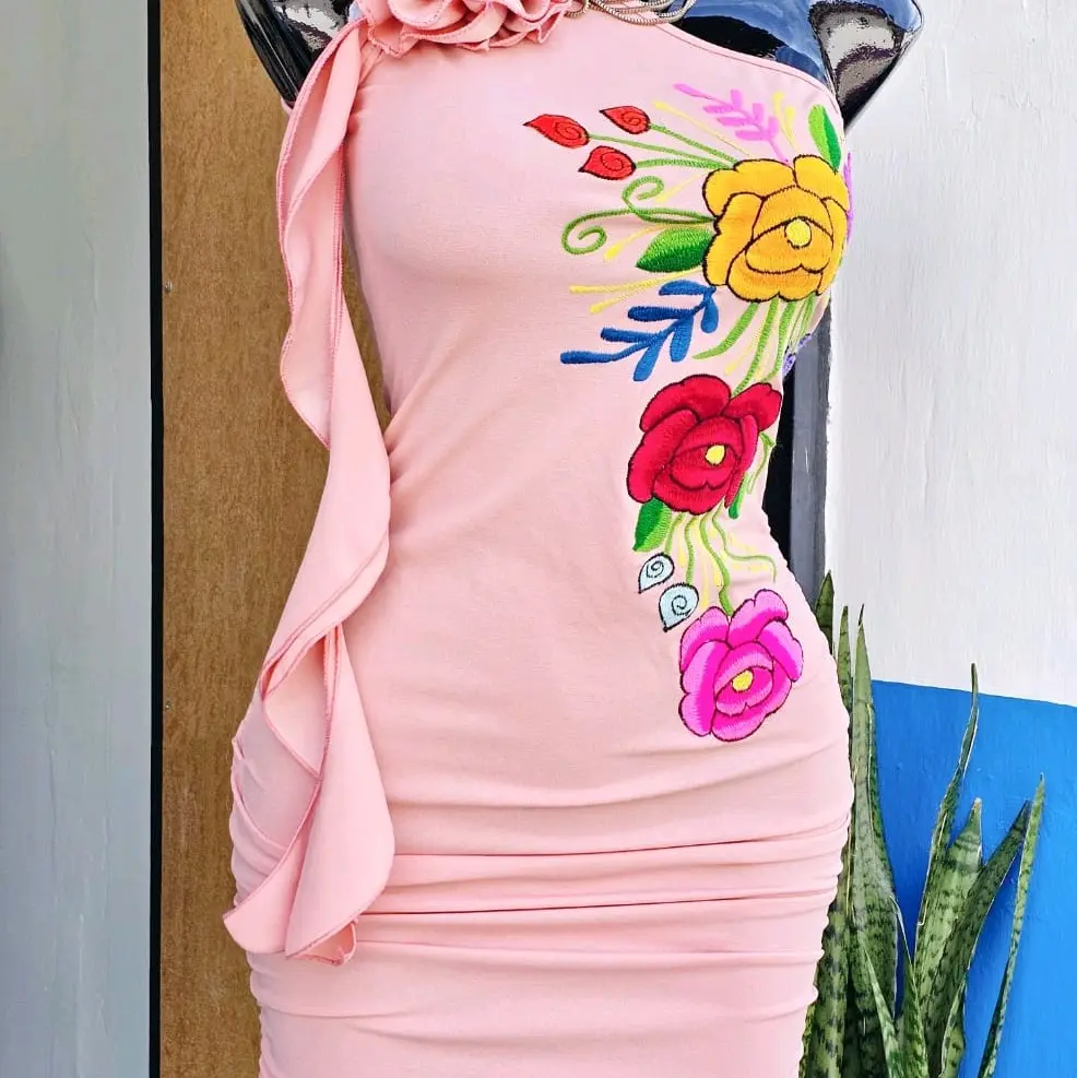 Stretching Embroidered Party Dress from Chiapas Mexico for Women in Sizes S, M, and L