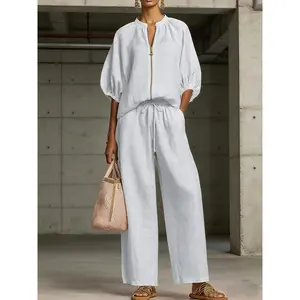 Women's Matching Lounge Set Quarter Zip Pullover Top Loose Wide Leg Pants 2 Piece Sweatsuit Casual Outfit