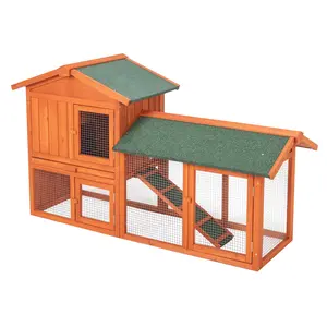 Wooden Small Animal Habitat 61" 2-Story Fir Wood with Green Roof Dual-Level Design for Rabbits & Pets Secure Iron Mesh Easy Maintenance
