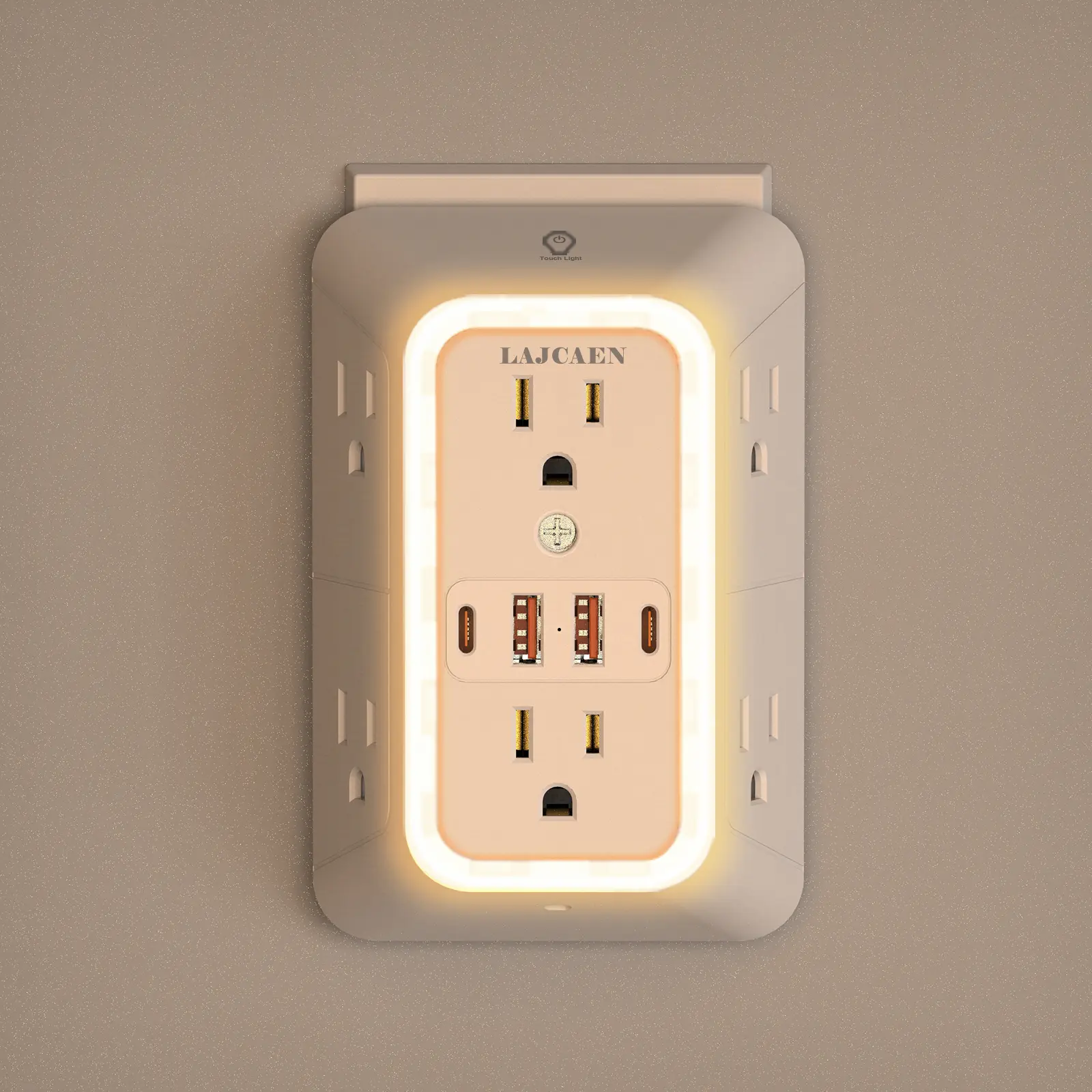 3-Sided Power Strip Mountable USB Wall Outlet - US Plug, 3-in-1 Smart Surge Protector, 6 AC Outlets (2.15 in Spacing), 4 Sockets (2 USB-C), Adjustable Brightness Dusk-to-Dawn Sensor Night Light, for Home, Office