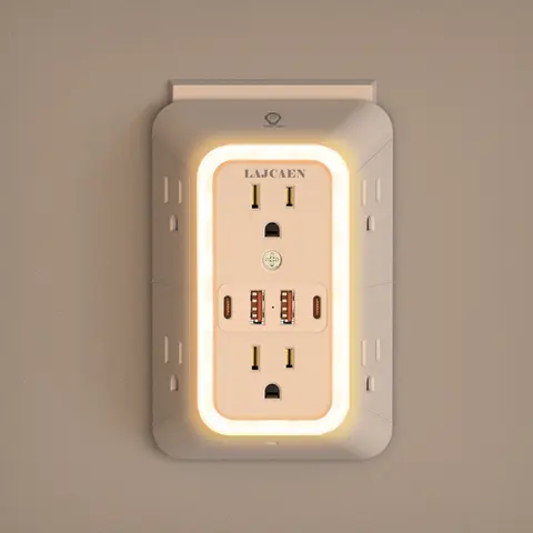 US Plug 3-Sided Mountable USB Wall Outlet Surge Protector - 6 AC Outlets (2.15 in Spacing), 4 Multi-Port Sockets (2A2C, 2 USB-C), Adjustable Brightness Dusk-to-Dawn Sensor Night Light, Rectangular for Home Indoor Use