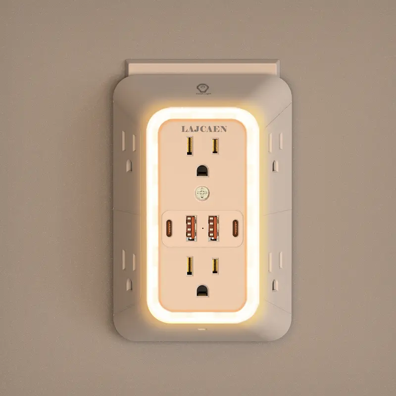 US Plug 3-Sided Mountable USB Wall Outlet Surge Protector - 6 AC Outlets (2.15 in Spacing), 4 Multi-Port Sockets (2A2C, 2 USB-C), Adjustable Brightness Dusk-to-Dawn Sensor Night Light, Rectangular for Home Indoor Use