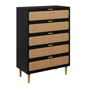 Modern Rattan 5 Drawer Hallway Cabinet – Large Wooden Chest with Deep Storage and Wide Top – Dresser for Entryway, Bedroom, Living Room, Kids Room, Closet – Natural or White Finish