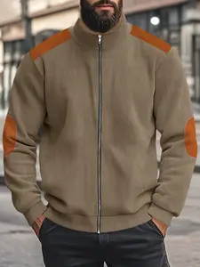 Men's Textured Knit Zip-Up Jacket with Suede Elbow Patches, Stand Collar, Casual Outdoor Long - Sleeve Coat, Ideal for Spring & Autumn, Fashionable Retro Style, Comfortable Fit for Daily Wear