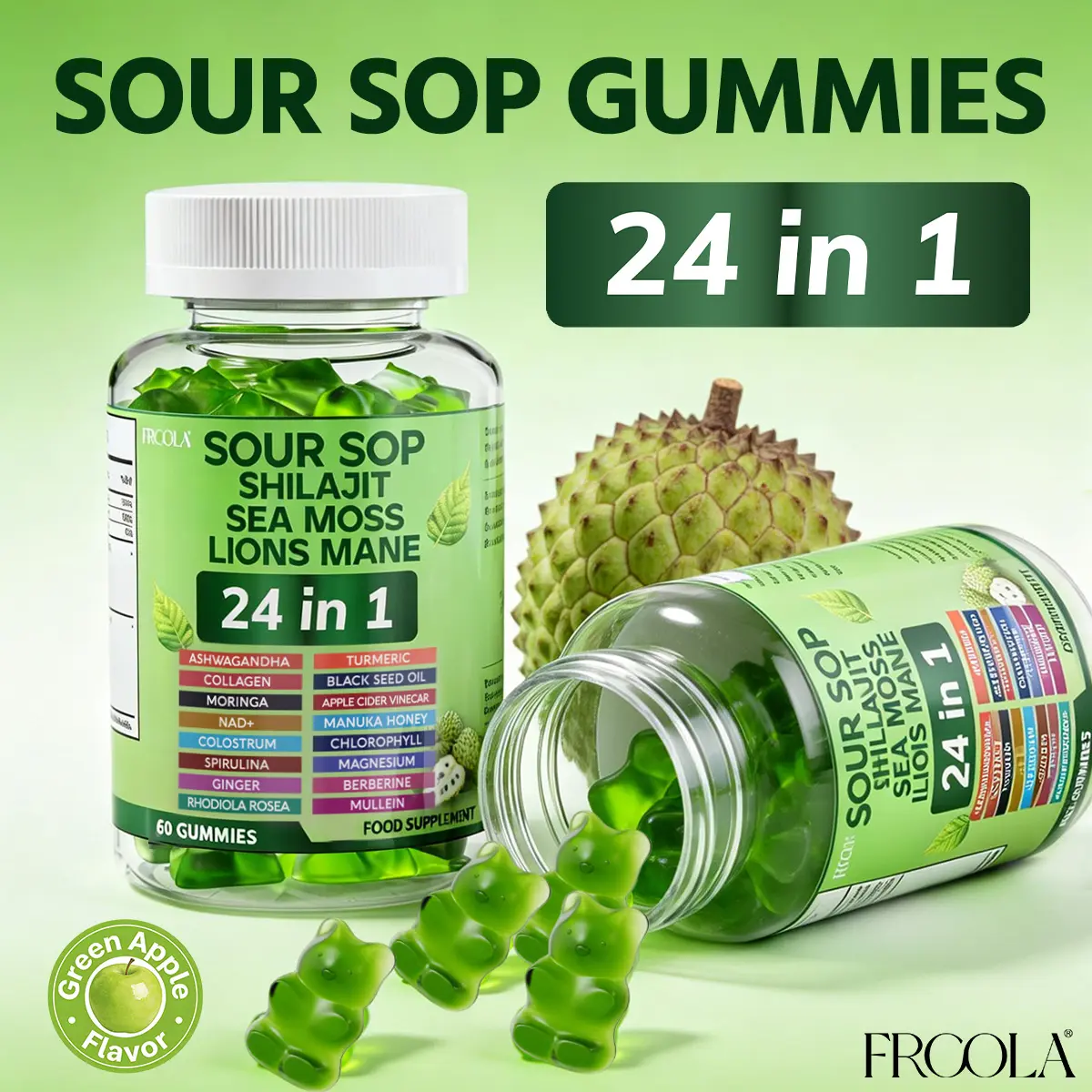 Frcola Soursop 24-in-1 Vitamin Gummies Supplements - Soursop, Shilajit, Sea Moss, Lion's Mane Blend - Natural Daily Supplement Pack for Health & Fitness Support Healthcare Dietary