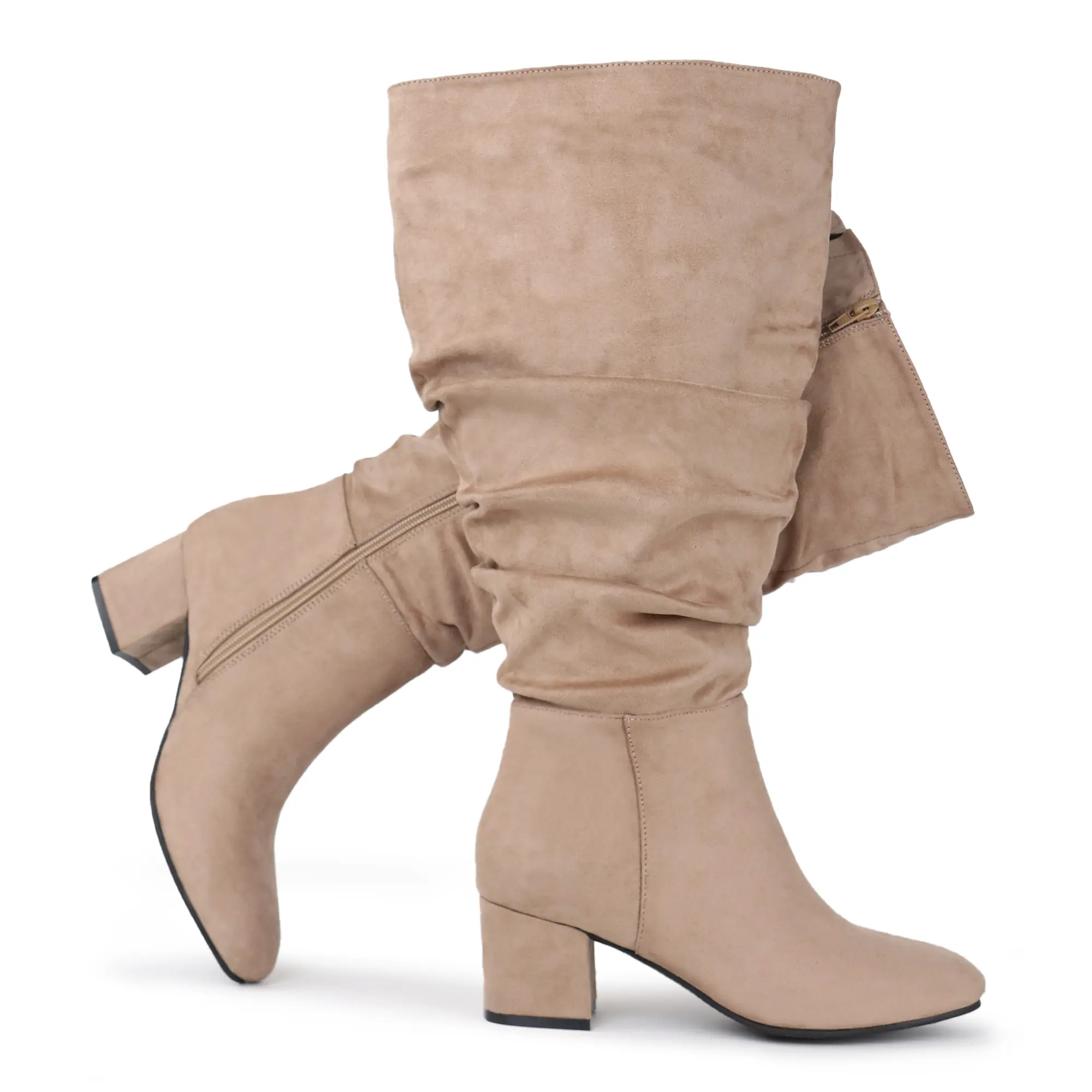 Women's Feminine Extra Wide Calf Slouchy Suede Dress Boots, Comfortable Footwear with Block Heel, Women's Shoes Booties, Style