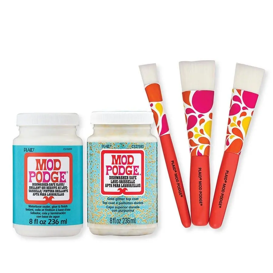 Mod Podge® Dishwasher Safe Glitter Liquid Decoupage Glue Kit - 8oz Bottles, Gloss Finish, 3 Synthetic Bristle Brushes, Durable, Easy to Clean, Versatile, Home Supplies, PROMOMPDWS24