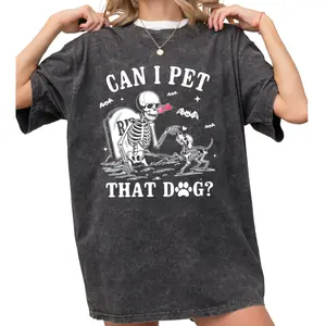 Funny Dog Skeleton T-Shirt – Washed 'Can I Pet That Dog' Tee, Perfect Dog Mom Gift