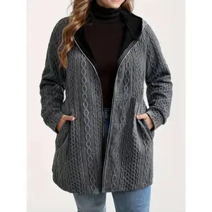 Plus Size Cable Knit Hooded Cardigan– Casual Zipper Front, Trendy Daily Outfit, Cozy Knit Jacket, Office Layering Coat, Y2K Aesthetic Clothes, Matching Jeans & Turtlenecks