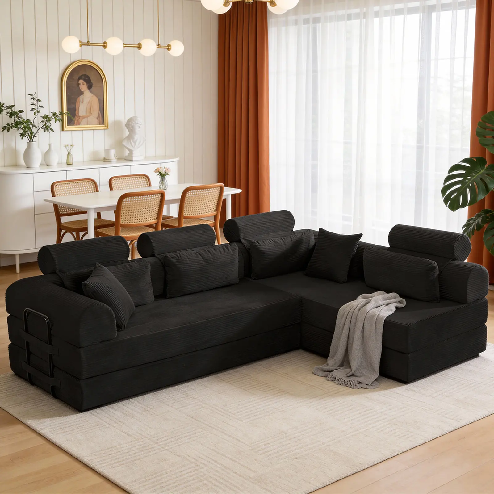 Niccae L-Shaped Modular Corduroy Sectional Sofa - Fixed Arms, Modern Minimalist, Sponge-Filled Cushion, Expandable to Bed, Space-Saving Indoor Couch for Bedroom,Kid Room, Minimalist Home Decor, Black Summergarden