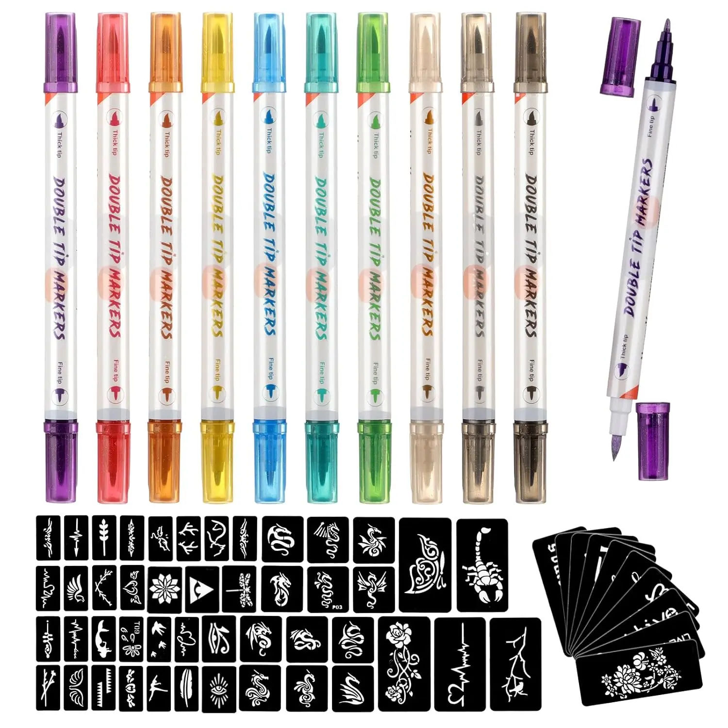 Temporary Tattoo Markers for Skin, 10 Body Markers + 56 Large Tattoo Stencils, Dual-End Tattoo Pens Make Bold and Fine Lines
