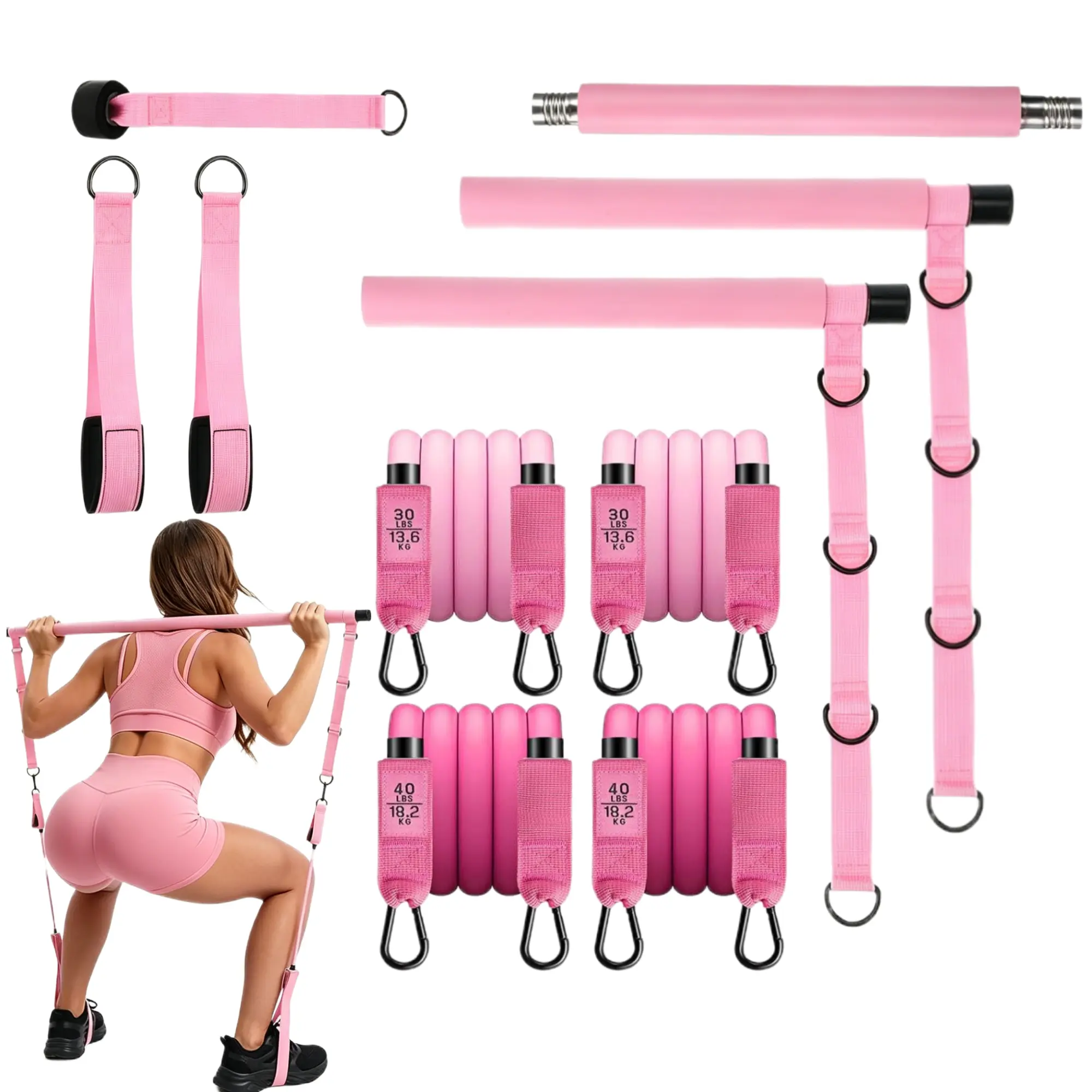 Pilates Bar Kit with Resistance Bands - Multifunctional Exercise Equipment for Legs, Hips, Waist & Arms, Portable Pilates Bar for Squats, Home Gym Workouts, Yoga & Fitness, Adjustable 3-Section Pilates Bar Kit for Women & Men