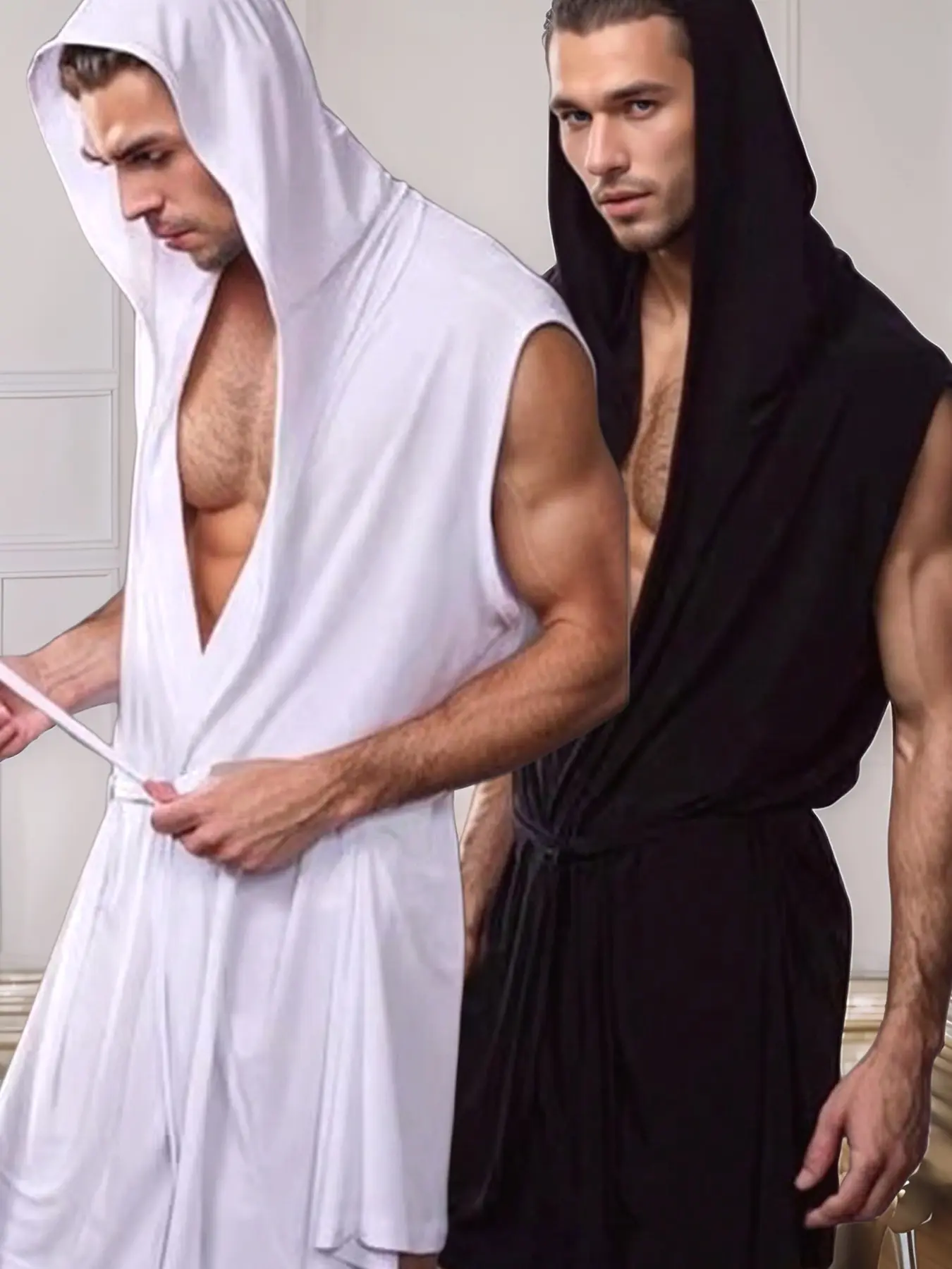 Men's Spring Summer Sleepwear Set, Pure Color Ultra-Thin Breathable Casual Bathrobe, Sleeveless Hooded Long Pajamas, & Two-Piece Suit, Loungewear