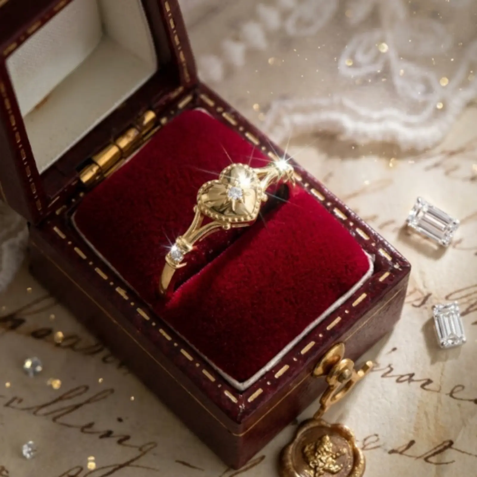 Simple and fashionable 14k gold-plated heart-shaped ring for women, love ring, gemstone-set, layered, promise, meaningful jewelry (gift box not included)