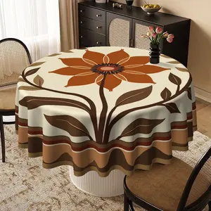 EastJia 1pc Round Elegant Tablecloth - 2D Flat Print, Rustic Floral, Beige Brown White Leaf Pattern Design, Durable, Easy to Clean, Perfect for Party Dining & Home Decor, Machine-Made, Ideal for Celebrations