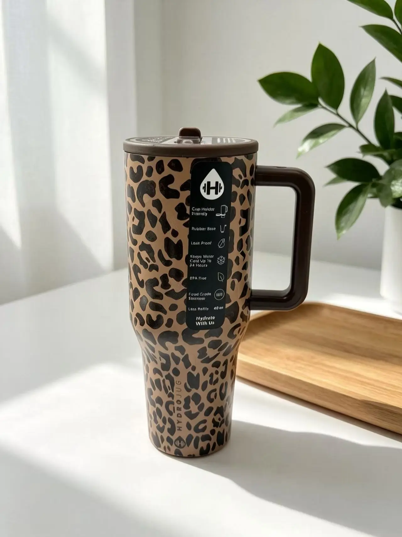 HydroJug 40 oz Vintage Brown Leopard Print Leak-Proof Insulated Vacuum Flask - Food-Grade Stainless Steel Tumbler Shape Iced Coffee Drinkware, On-the-Go Portable Washable for Sports Enthusiasts, Car Use, Insulated Cup
