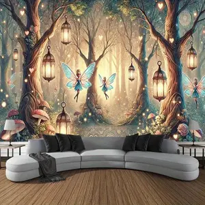 Enchanted Forest Fairy Tapestry with Glowing Lanterns and Mushrooms, Magical Polyester Wall Hanging for  Living Room Decor