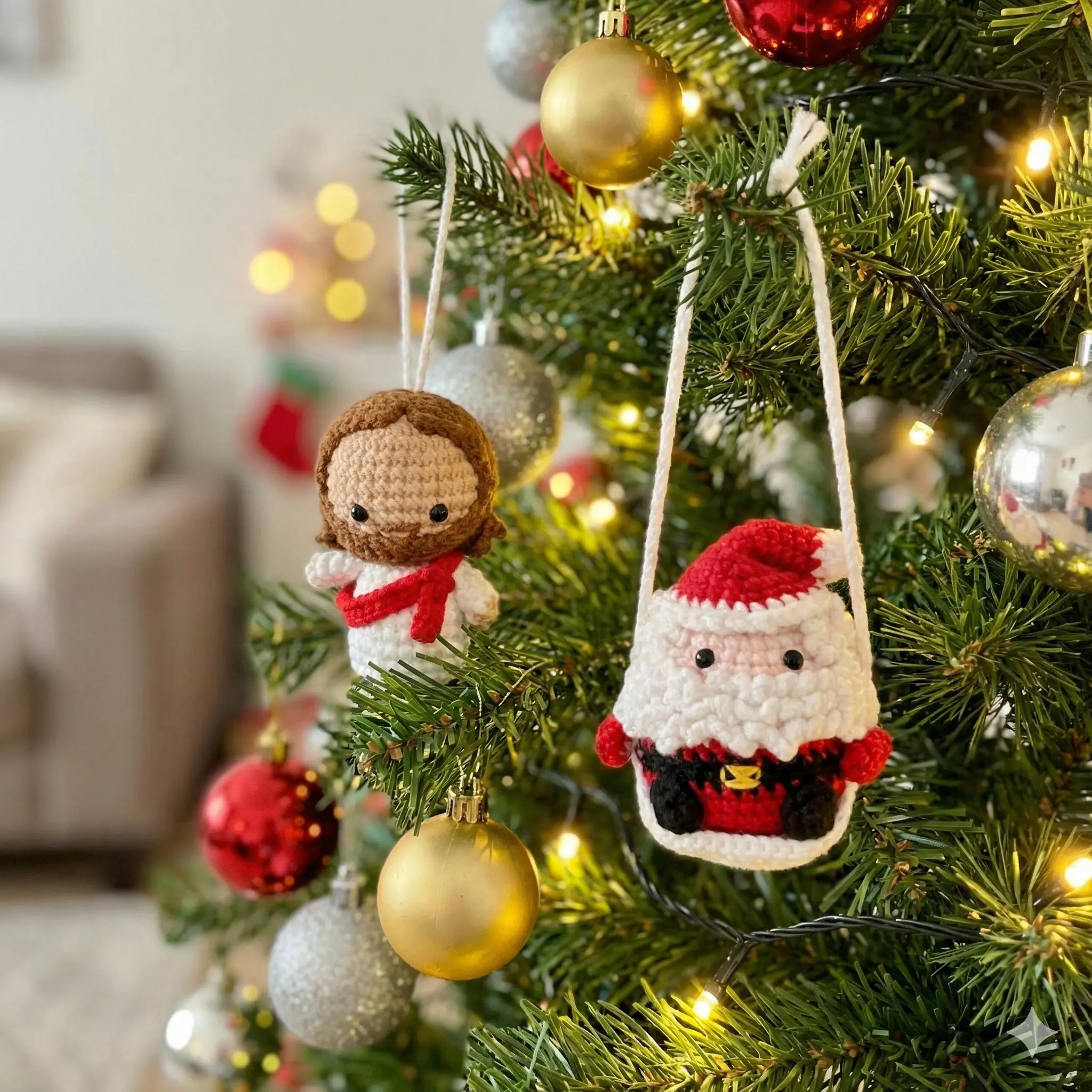 DIY Crochet Car Rearview Mirror Hanging Decor - Religious Inspirational Christmas Tree Santa Claus Ornament, Knitting Craft Gift Idea, Ornaments
